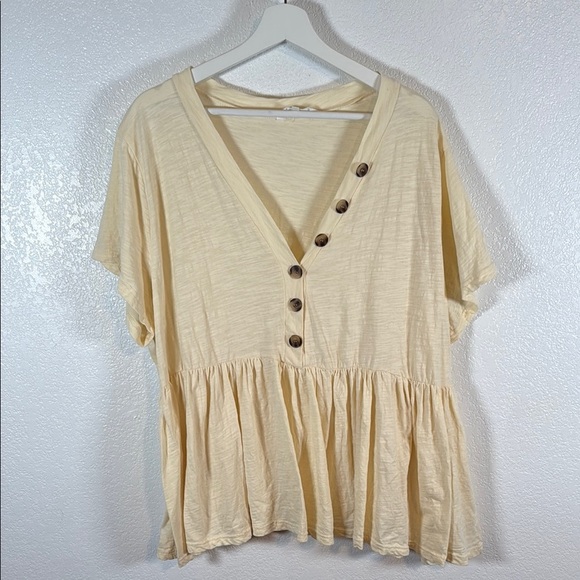 Amaryllis Cream Butter Yellow Slub Cotton Babydoll Top Button Details Size 2X - Picture 1 of 6